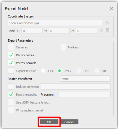 Impostazioni di Export Model.