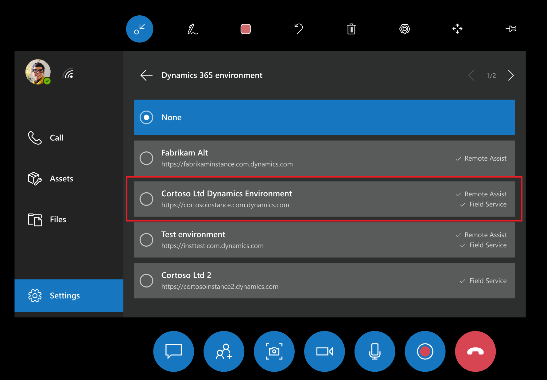 Elenco di ambienti nel menu delle impostazioni di Remote Assist in HoloLens.