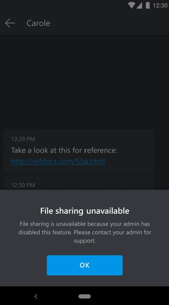 Screenshot dell'app per dispositivi mobili che mostra il messaggio relativo alla condivisione file.