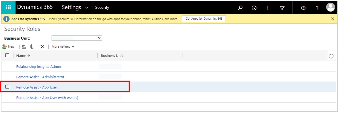 Screenshot che mostra il ruolo predefinito Remote Assist - Utente app evidenziato.
