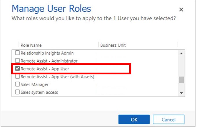 Screenshot della finestra di dialogo Gestisci ruoli utenti con il ruolo Remote Assist - Utente app evidenziato.