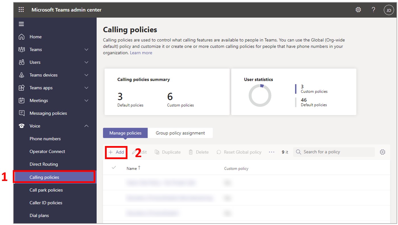 Screenshot dell'interfaccia di amministrazione di Microsoft Teams con il comando Criteri di chiamata e il pulsante Aggiungi evidenziati.