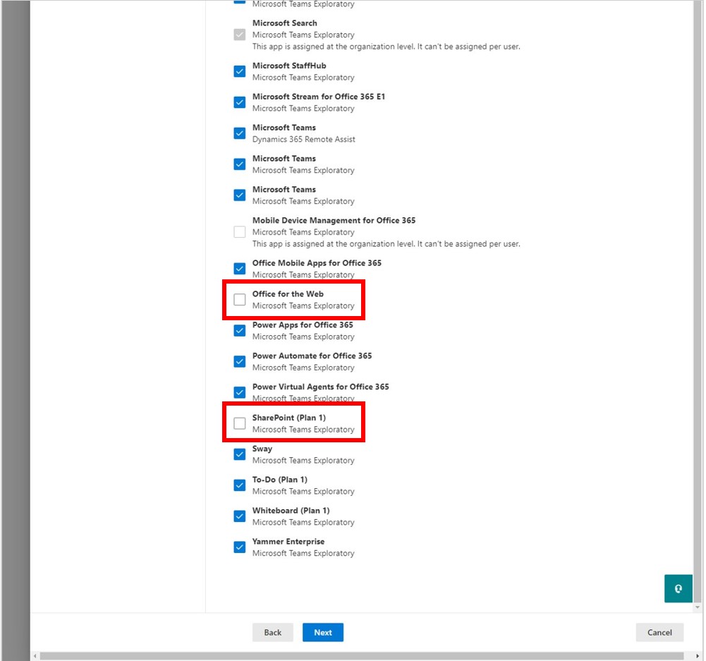 Screenshot che mostra le caselle di controllo SharePoint e Office per il web deselezionate.