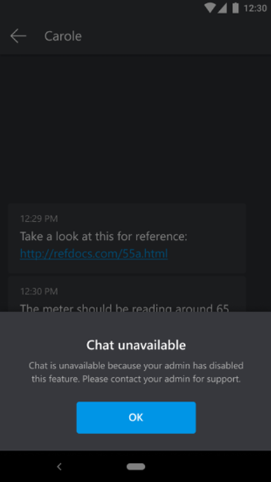 Screenshot dell'app per dispositivi mobili che mostra il messaggio relativo alla chat.