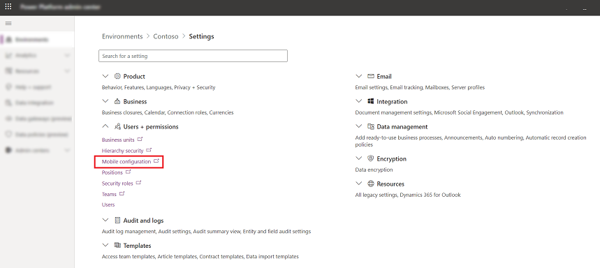 Mobile configuration settings Mobile configuration setting