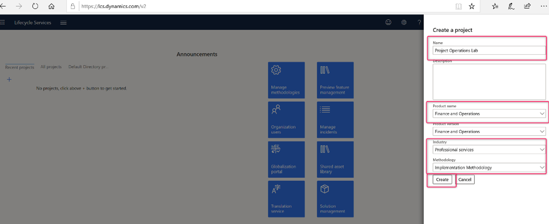 Screenshot della creazione di un progetto di Lifecycle Services.