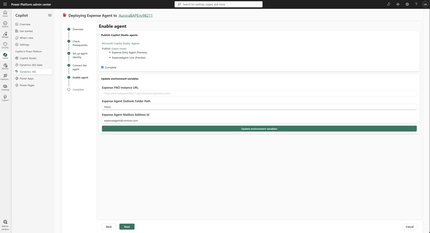 Screenshot dell'aggiornamento della variabile di ambiente per l'agente.