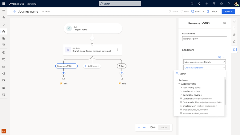 Screenshot della selezione degli attributi del profilo unificato in un percorso del cliente.