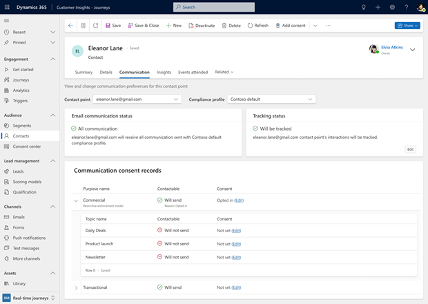 Tutte le informazioni sul consenso per un contatto o lead possono essere visualizzate in una semplice visualizzazione nel form.