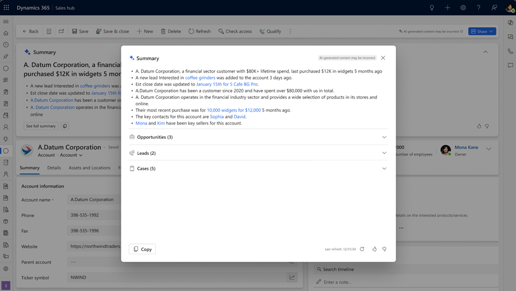 Screenshot della finestra pop-up del riepilogo dell'account Copilot in Dynamics 365 Remote Assist.
