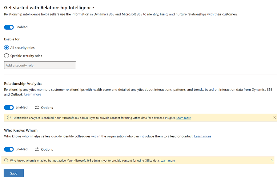 Uno screenshot della pagina Panoramica per abilitare le funzionalità di intelligenza delle relazioni