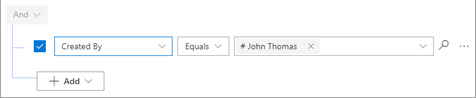 Screenshot che mostra una riga di condizione che filtra i lead in cui il valore dell'attributo Creato da è uguale a John Thomas.