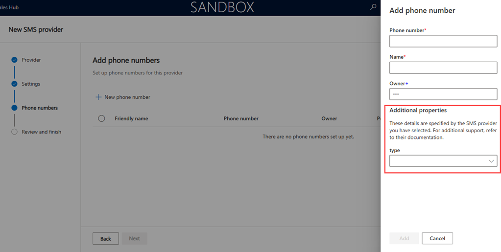 Screenshot di un modulo per un canale SMS.