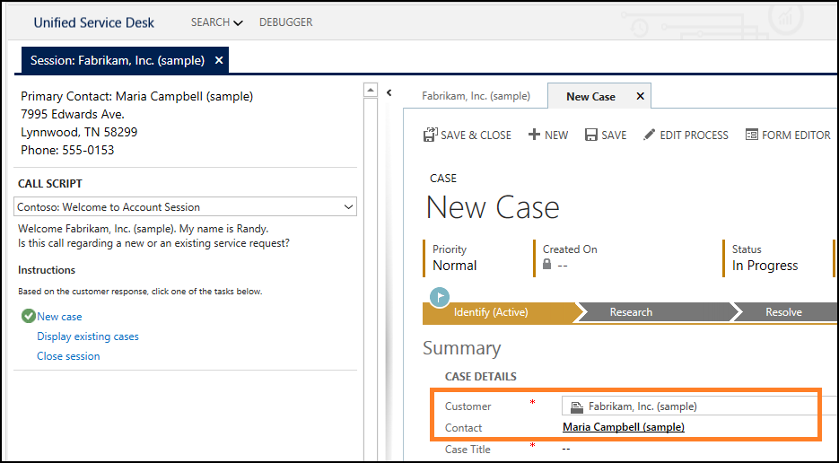 New case form using the agent script.