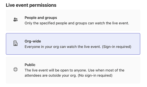 Immagine delle opzioni di autorizzazioni per gli eventi live di Teams.