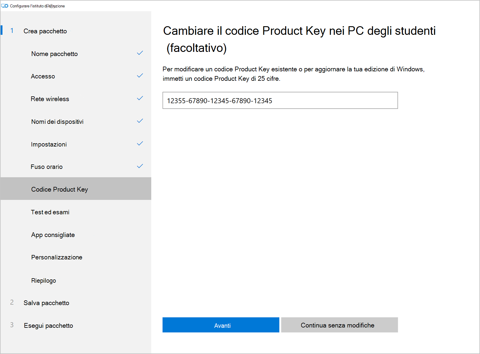 Screenshot di esempio dell'opzione Configura app PC dell'istituto di istruzione, schermata Codice Product Key, che mostra un campo valore, il pulsante Avanti e l'opzione Continua senza modifiche.