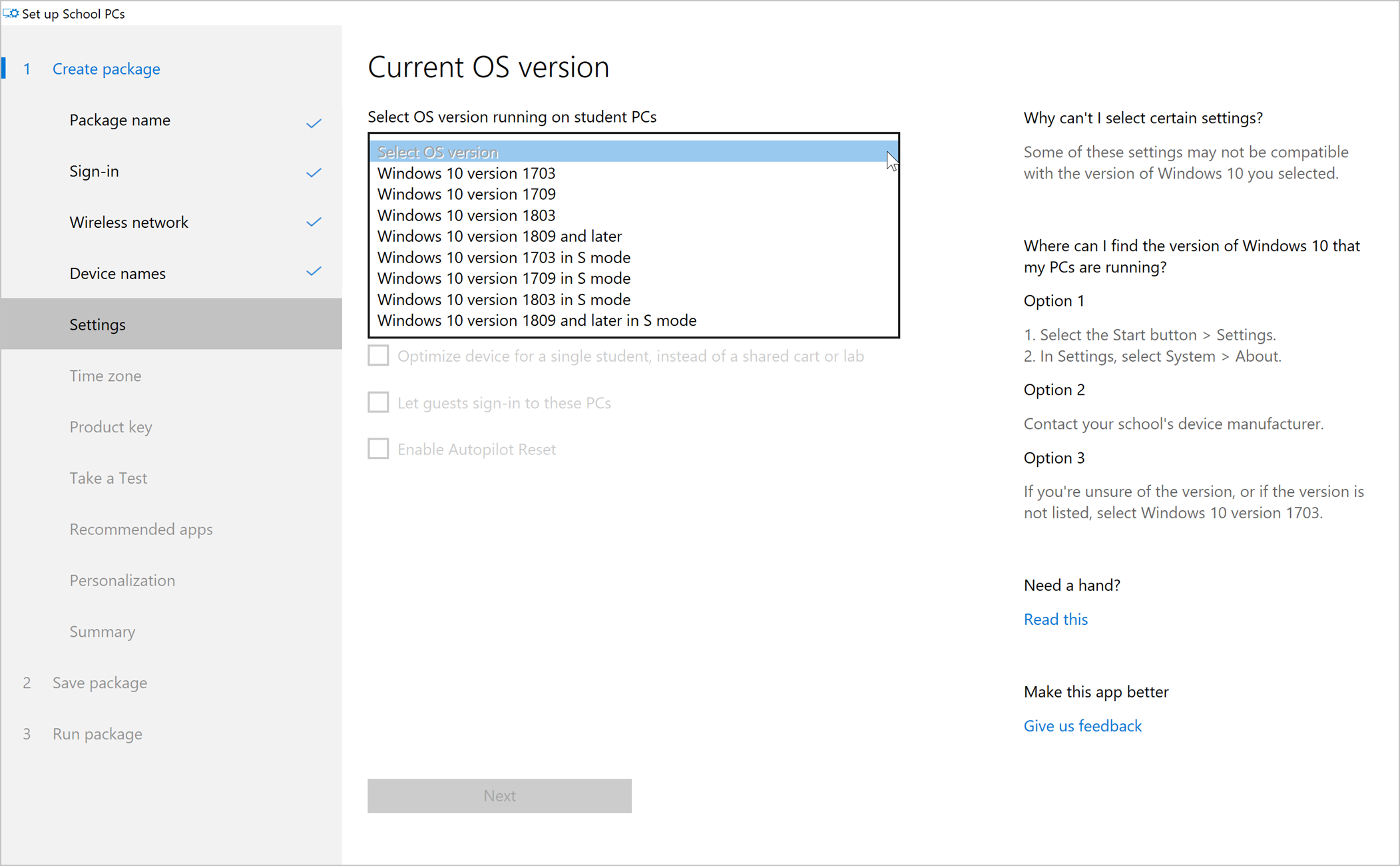 Screenshot della pagina Versione corrente del sistema operativo con il menu Seleziona versione del sistema operativo selezionato, che mostra 7 opzioni di Windows 10. Tutte le altre impostazioni nella pagina non sono disponibili per la selezione.