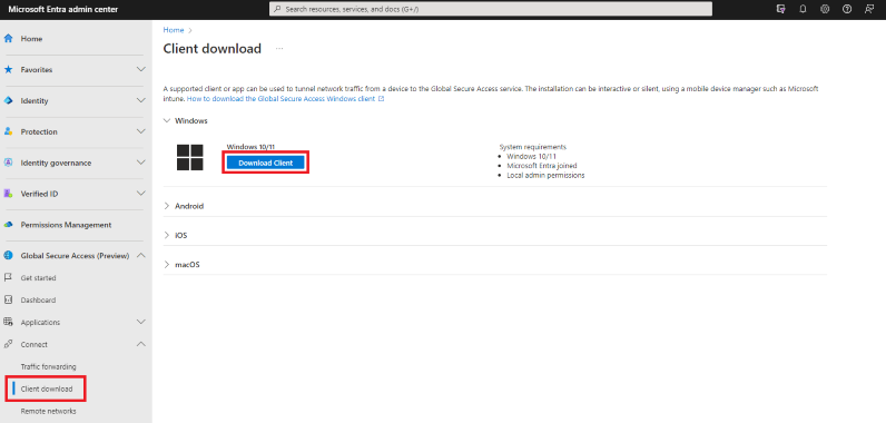Screenshot del download del client che mostra il controllo del client di download di Windows.