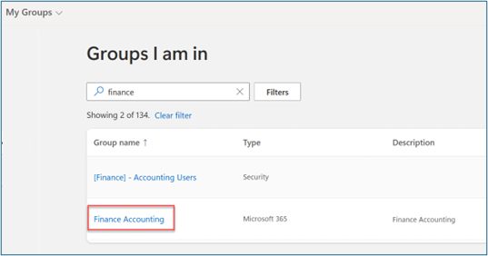 Screenshot di I miei gruppi, Gruppi a cui appartengo, con 'finanza' inserito nella casella di testo Filtri, che mostra 2 di 131.