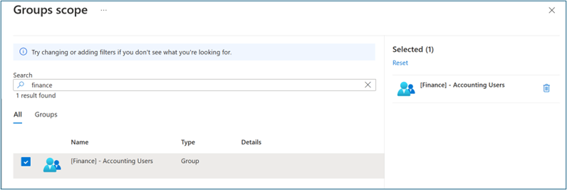 Screenshot dell'ambito dei gruppi con finanza nella casella di testo di ricerca, un risultato trovato e il gruppo selezionato.