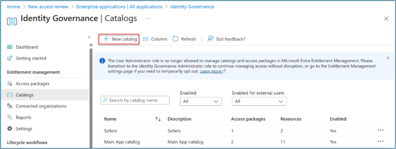 Screenshot della nuova verifica di accesso, applicazioni aziendali, Tutte le applicazioni, Identity Governance, Nuovo catalogo.