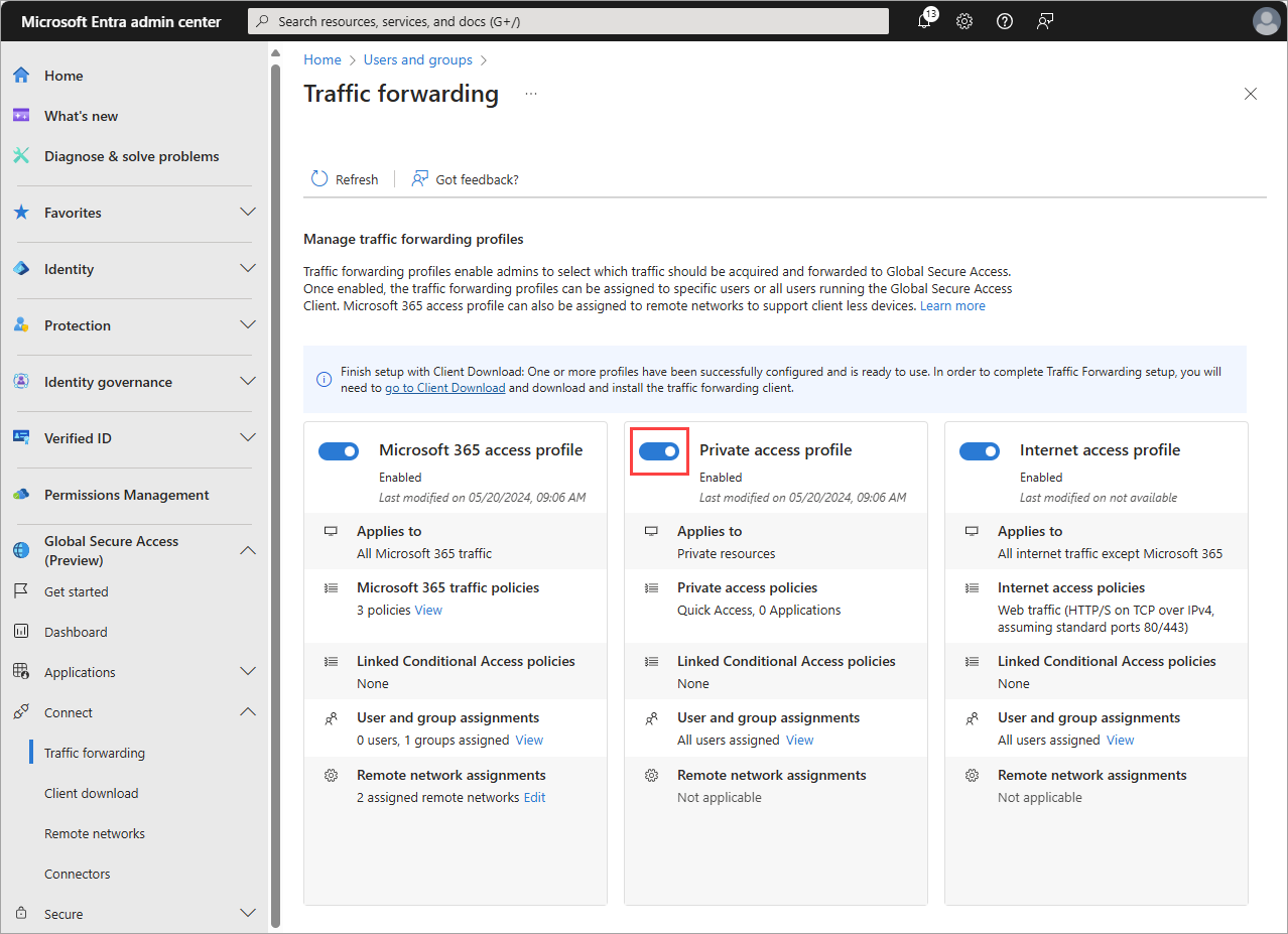 Screenshot dell'inoltro del traffico che mostra il controllo del profilo di accesso privato abilitato.