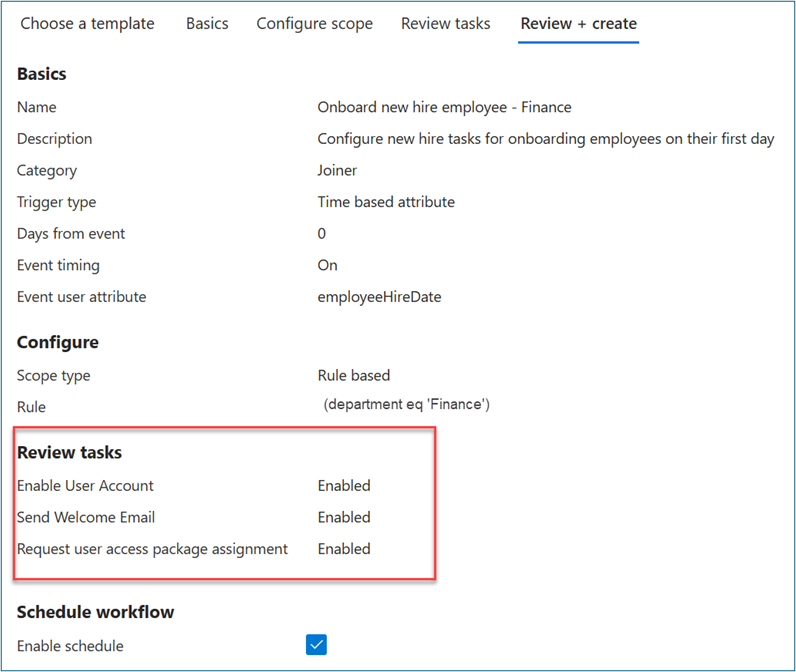 Screenshot di Rivedi creazione per il nuovo elemento nella categoria Joiner con una casella rossa che evidenzia la sezione delle attività di revisione.