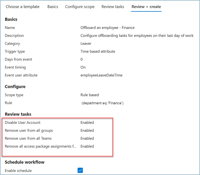 Screenshot della revisione della creazione per il nuovo elemento nella categoria Leaver, con una casella rossa che evidenzia la sezione Compiti di Revisione.
