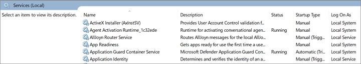 Screenshot di un elenco di servizi locali in un account computer.