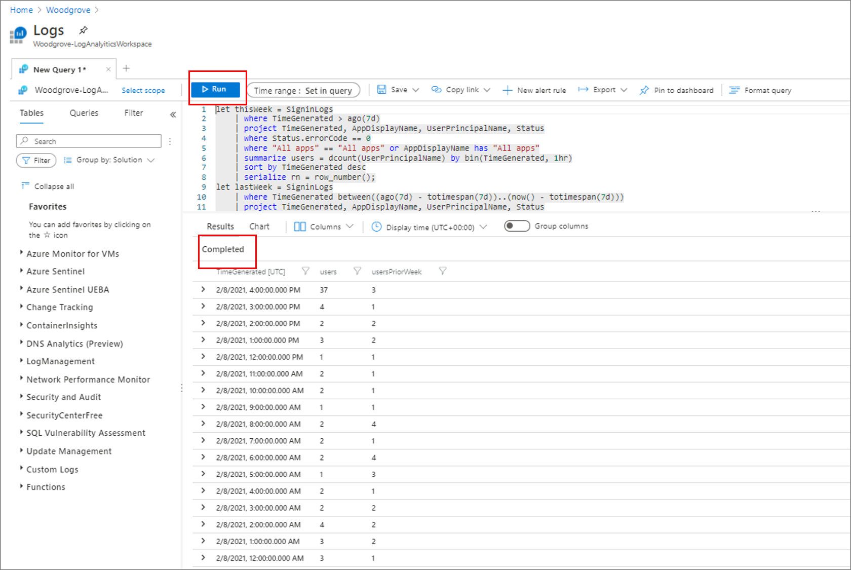 Screenshot che mostra i risultati della query di esecuzione.