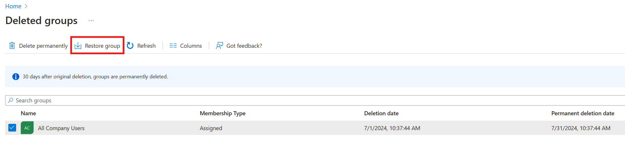 Screenshot che mostra il ripristino dei gruppi nel portale di Azure.