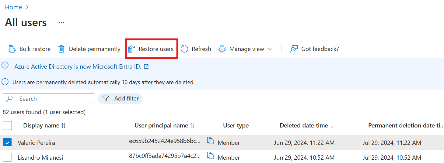 Screenshot che mostra il ripristino degli utenti nel portale di Azure.