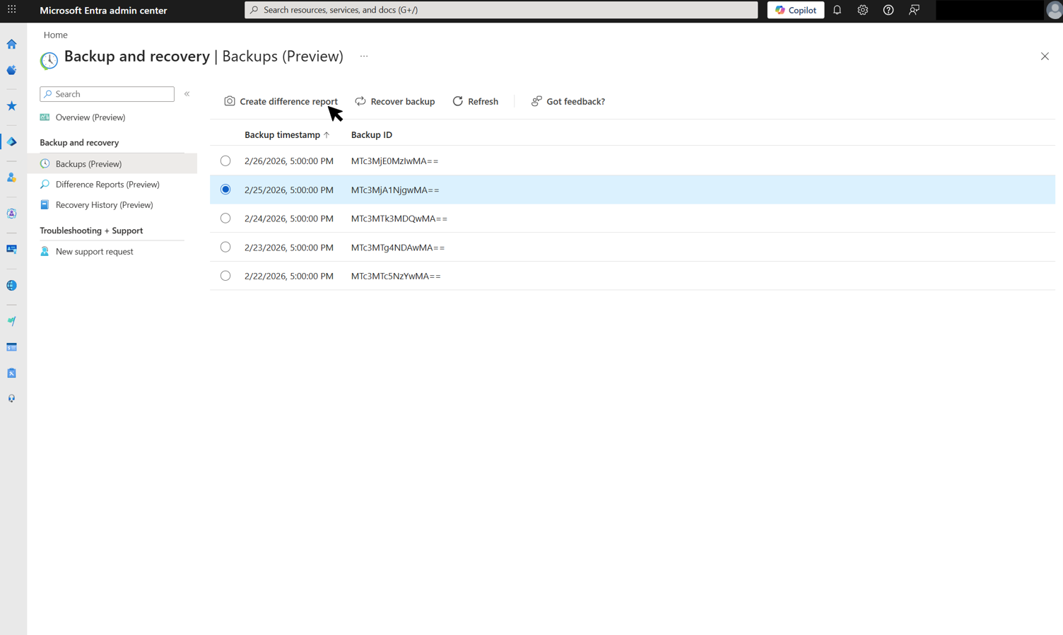 Schermata della pagina Backup che mostra i backup disponibili con un pulsante Crea Report delle Differenze sulla barra degli strumenti.