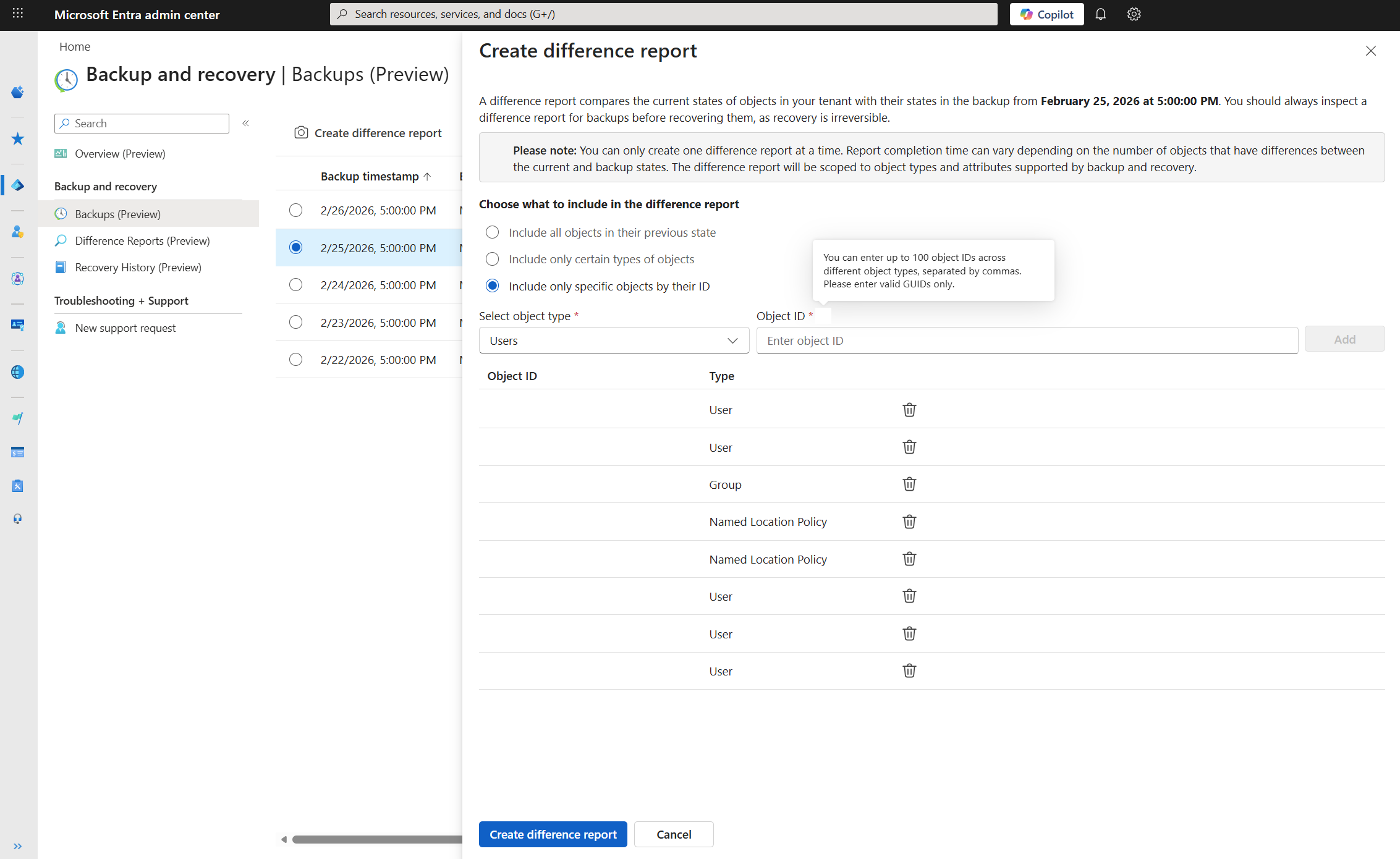 Schermata della finestra di dialogo per la creazione del report delle differenze con l'opzione Includi solo oggetti specifici per ID selezionata.