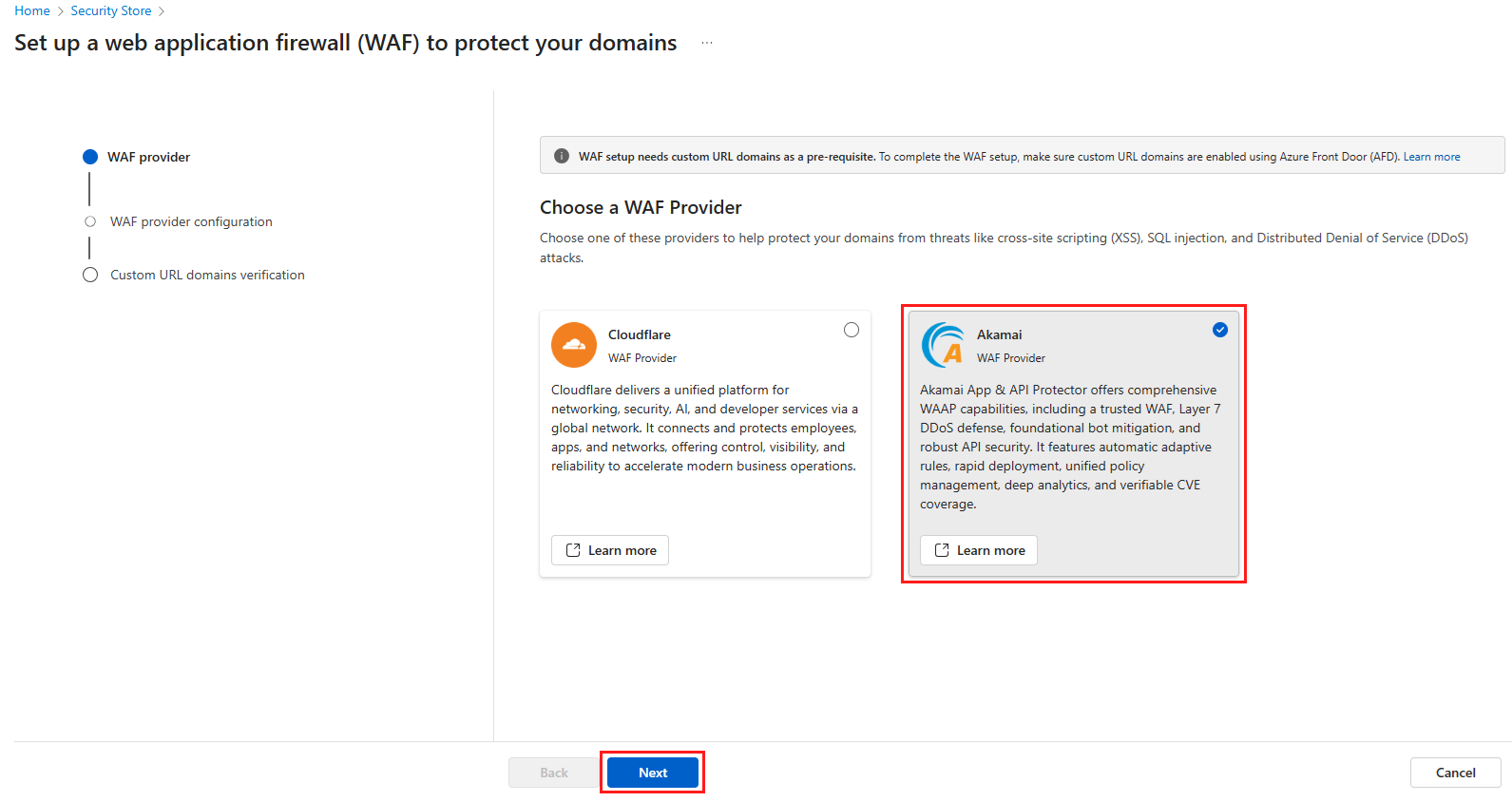 Screenshot della pagina scegli il provider WAF.