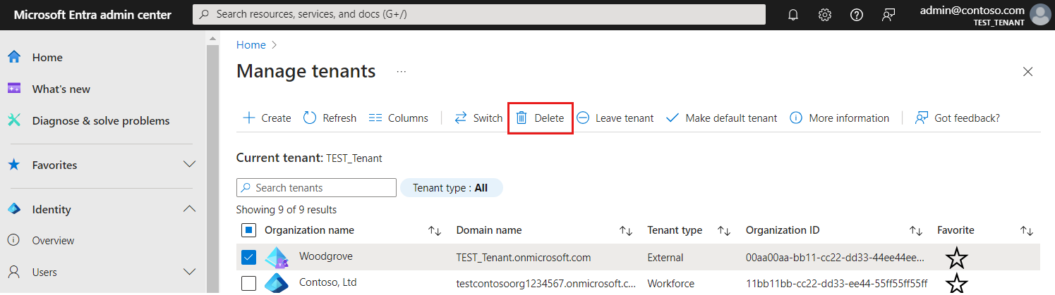 Screenshot che mostra come eliminare il tenant.