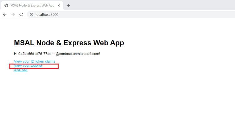 Screenshot dell'accesso a un'app Web node e della chiamata di un'API.
