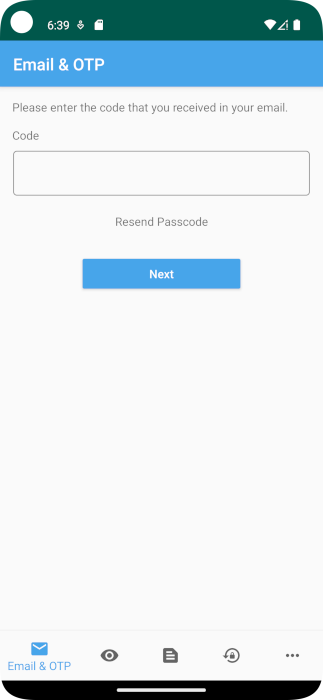 Screenshot della richiesta dell'utente di immettere un passcode monouso nell'applicazione Android.