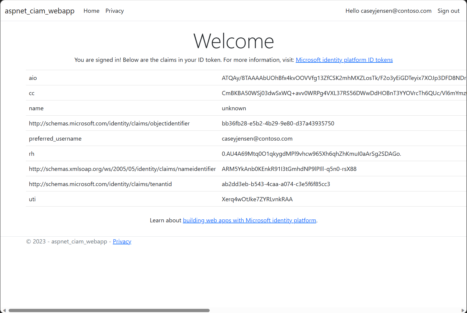 Screenshot dell'accesso a un'app Web ASP.NET Core.