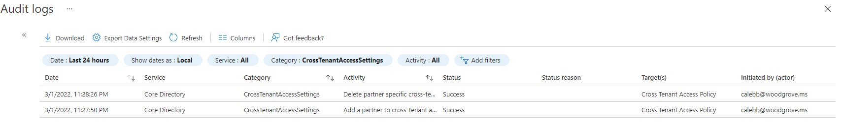 Screenshot of the audit logs for cross-tenant access settings.