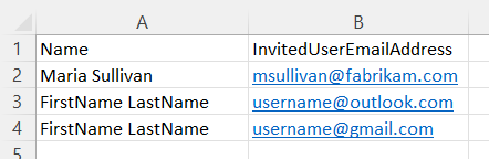 Screenshot che mostra le colonne di file csv di Name e InvitedUserEmailAddress.