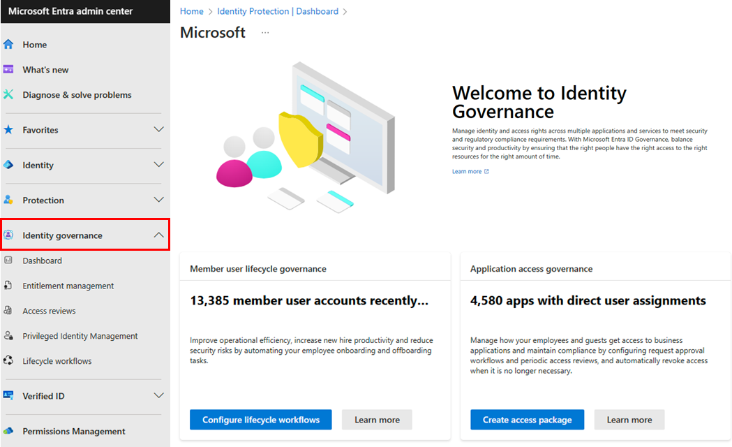 Screenshot del menu dell'interfaccia di amministrazione di Microsoft Entra Identity Governance.