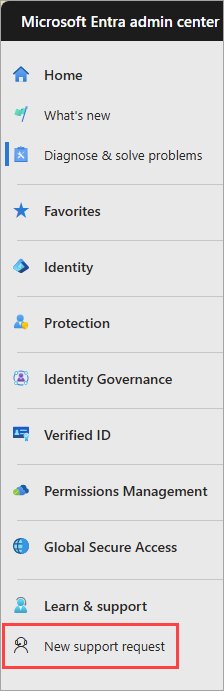 Screenshot del pulsante nuova richiesta di supporto nel menu di navigazione a sinistra.