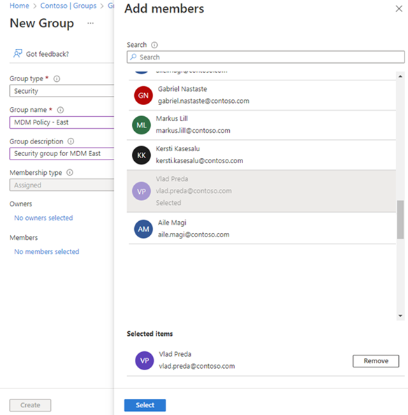 Screenshot della selezione dei membri per il gruppo durante il processo di creazione del gruppo.