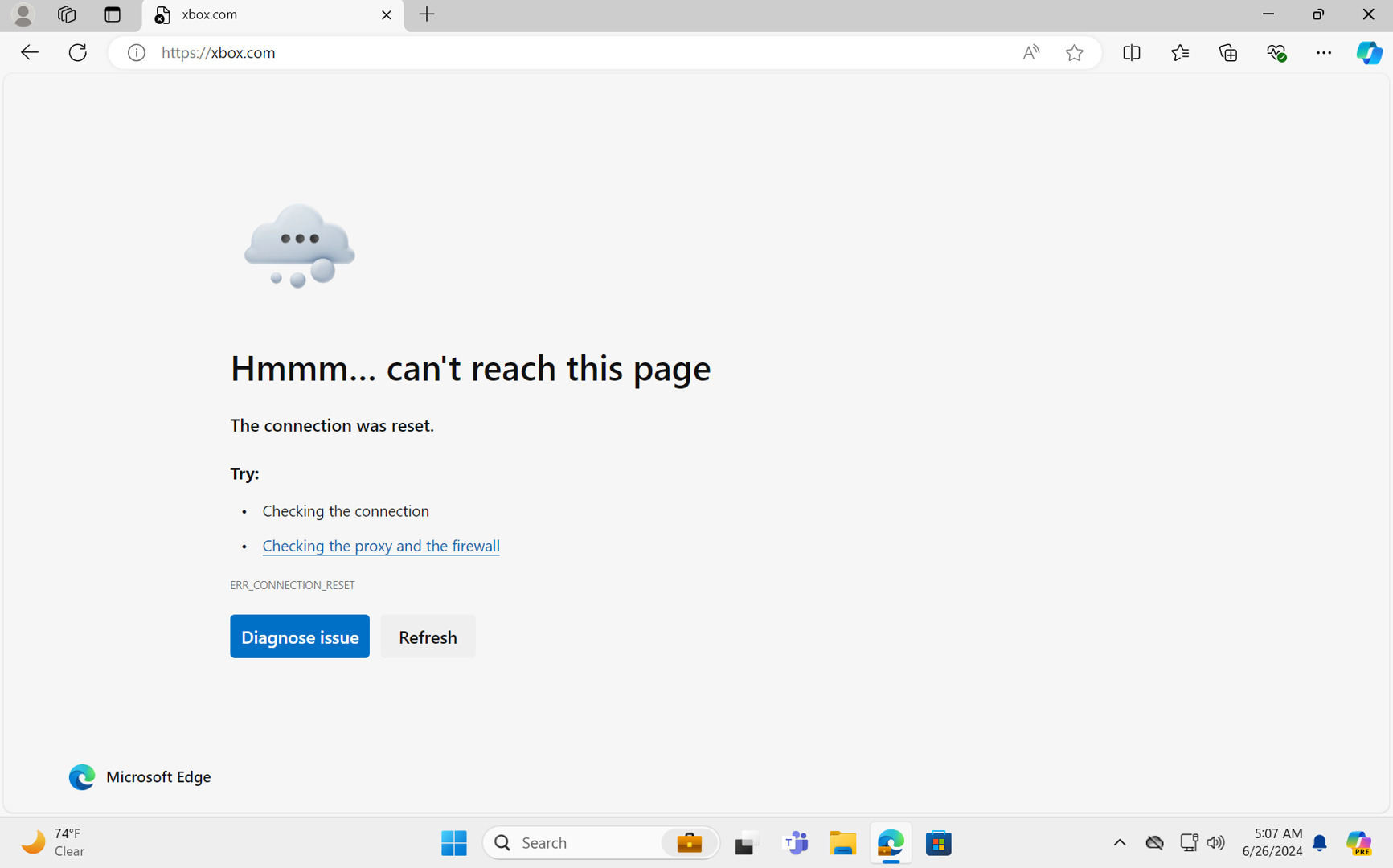Screenshot che mostra un errore del browser 