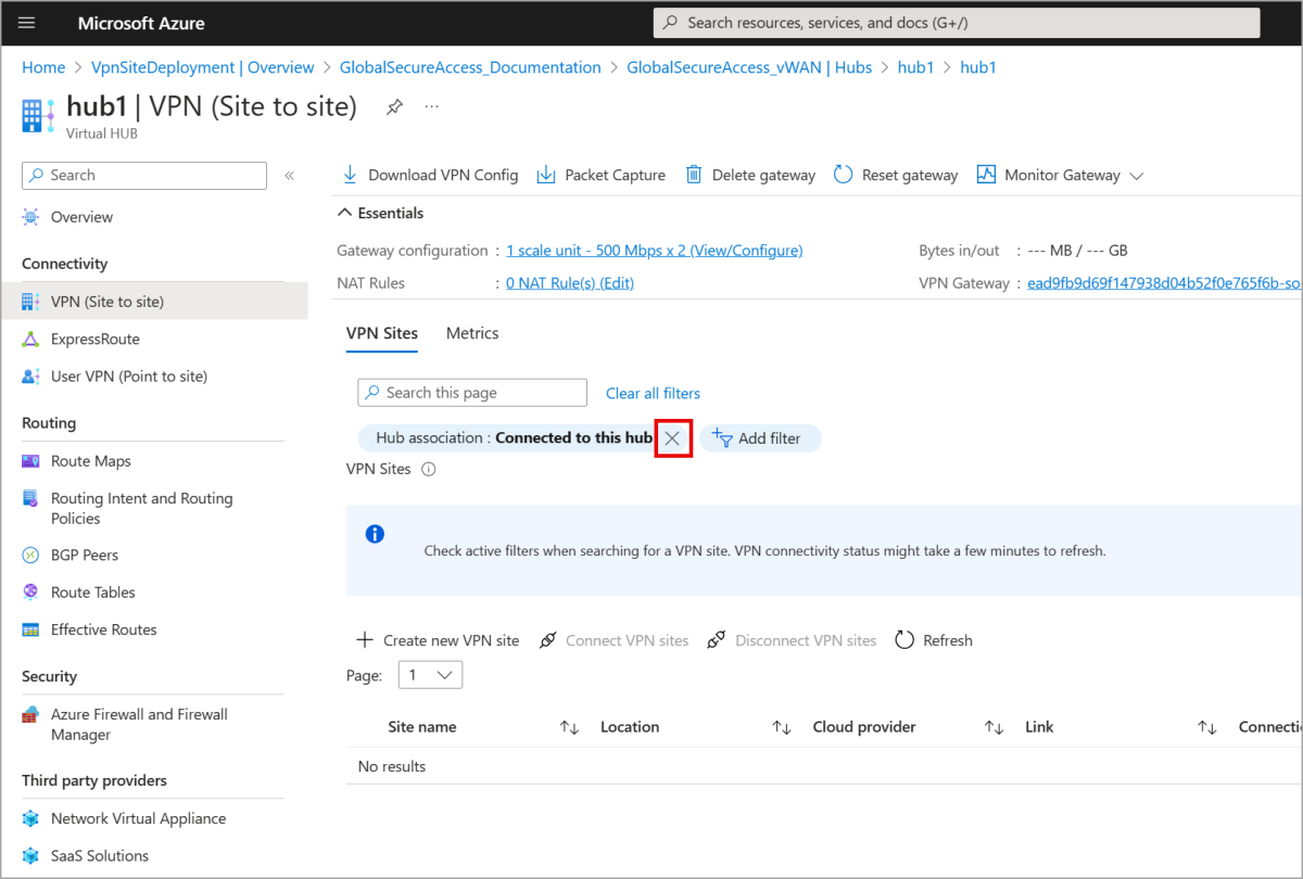 Screenshot della pagina VPN (da sito a sito) con la X evidenziata per il filtro di associazione dell'hub.