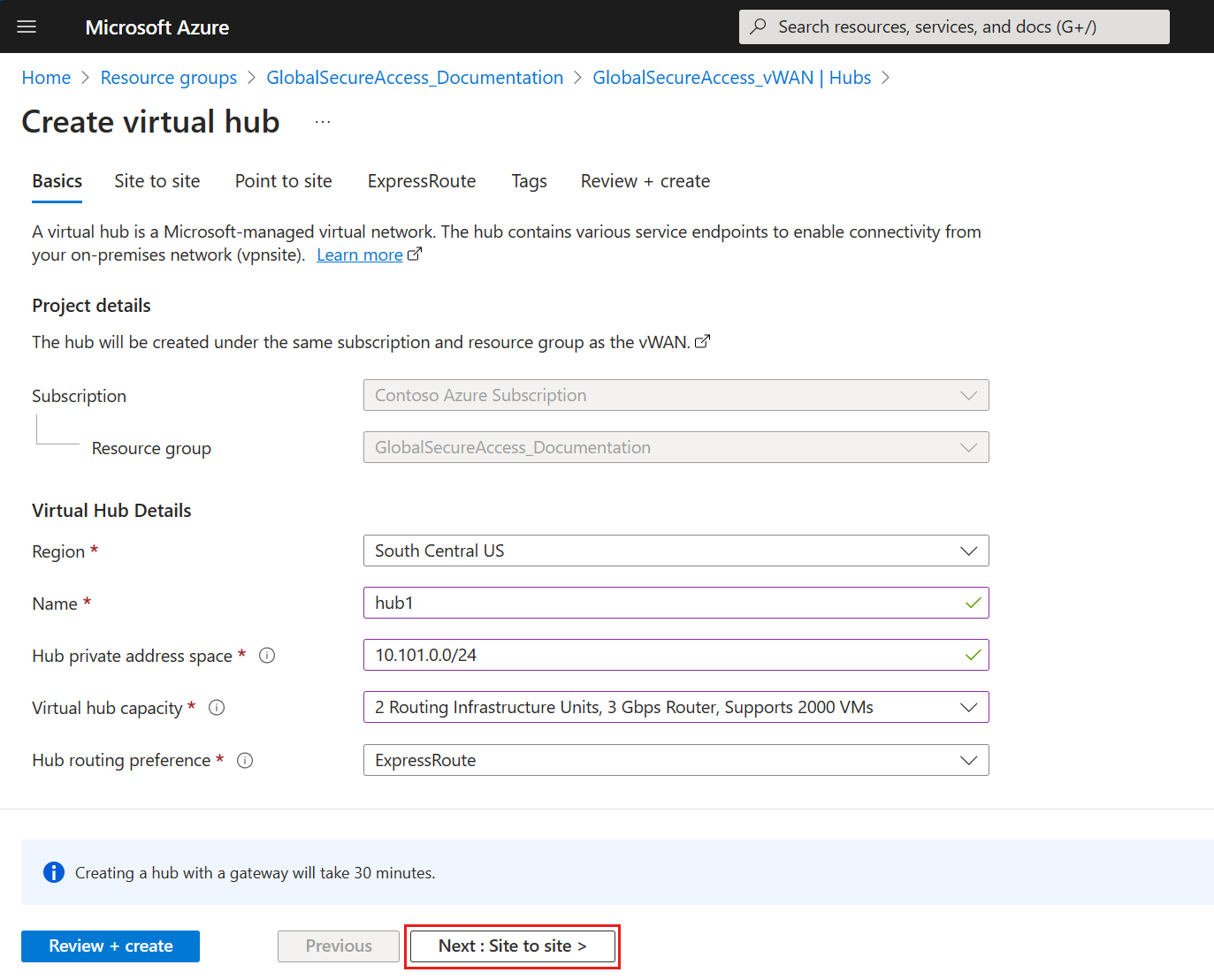 Screenshot della pagina Crea hub virtuale, nella scheda Basic, con i campi compilati.