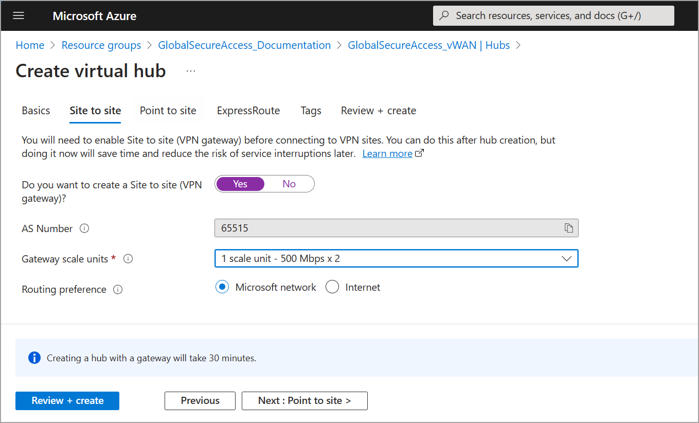 Screenshot della pagina Crea hub virtuale con i campi completati, nella scheda Da sito a sito.