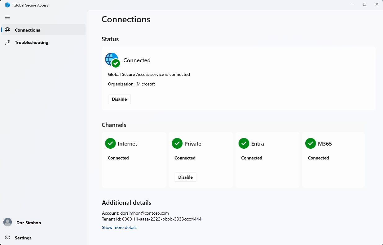 Screenshot della vista Connessioni dell'interfaccia client Global Secure Access.