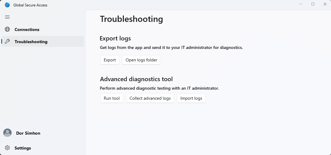 Schermata della visualizzazione di Risoluzione dei problemi dell'interfaccia client di Accesso Sicuro Globale.
